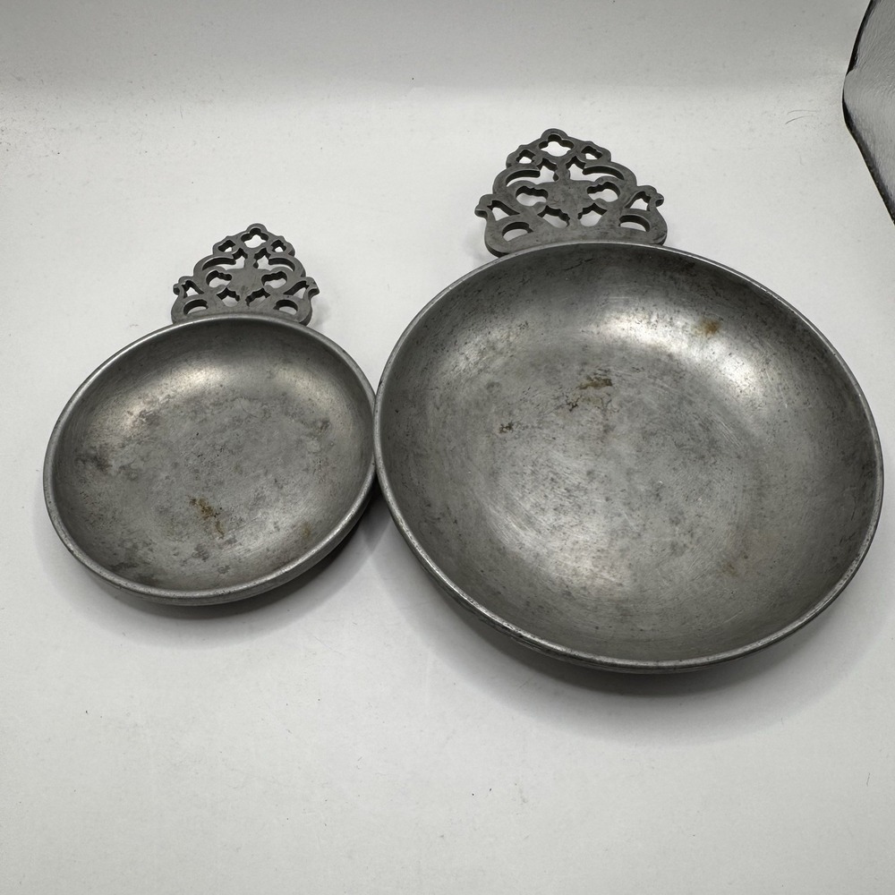Stede Pewter Set Of‎ 2 Porringer Dishes 4" + 6" w Horse Head Vintage Bowls